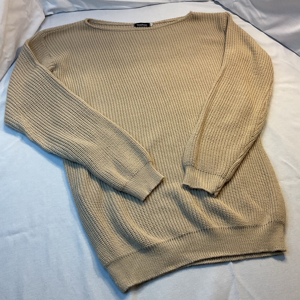 Boohoo Womens Tan Sweater, Wide Neck with Ribbed‎ Texture, Size 20/22